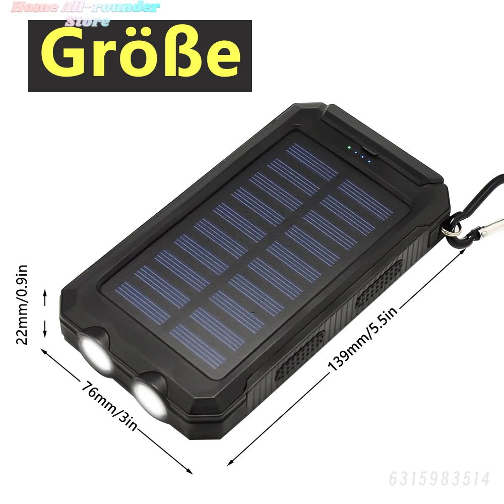 Power Bank Solaire 20 000 mAh - Double USB + Entrée USB-C - Lampe LED - Afficheur
