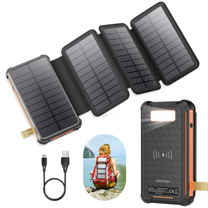 Solar Power Bank 26 800 mAh - 4 Panneaux Pliants - USB-C Rapide + Sans-fil 15 W - 4 Câbles Intégrés