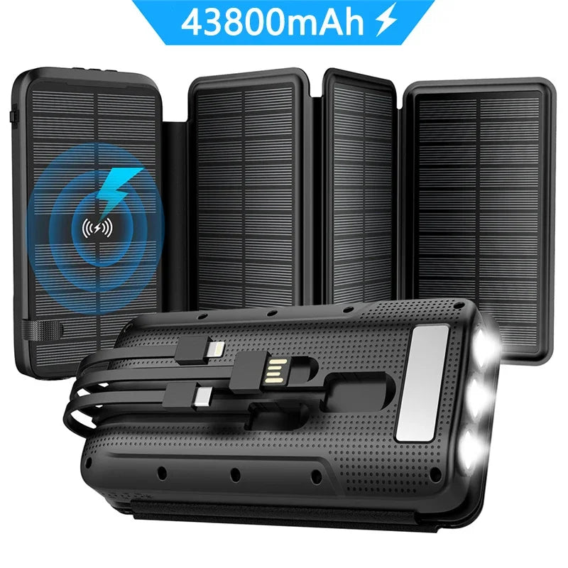 Power Bank Solaire 43 800 mAh - 20 W Rapide - Sans-fil 5/10 W - Câbles Intégrés - Lampe LED