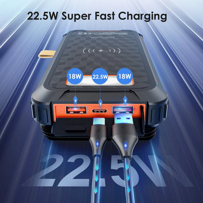 Solar Power Bank 26 800 mAh - 4 Panneaux Pliants - USB-C Rapide + Sans-fil 15 W - 4 Câbles Intégrés