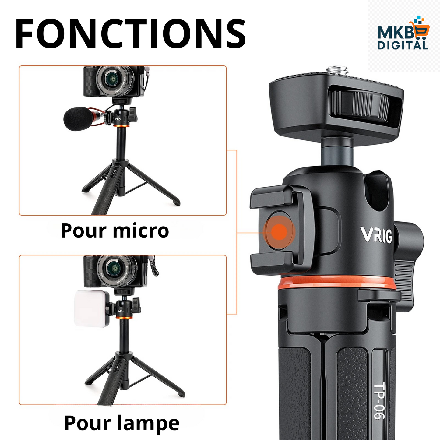 Trépied et Perche Selfie VRIG TP-06 / TP-08 – Aluminium Léger, Rotatif 360° avec Support Cold Shoe