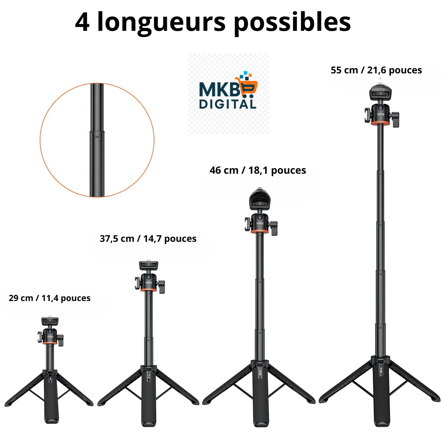 Trépied et Perche Selfie VRIG TP-06 / TP-08 – Aluminium Léger, Rotatif 360° avec Support Cold Shoe