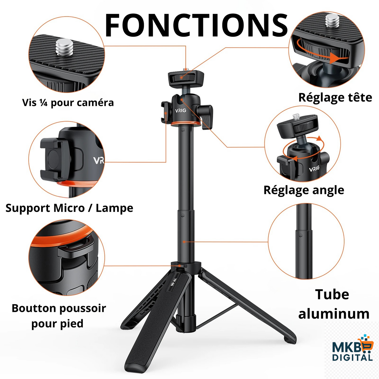 Trépied et Perche Selfie VRIG TP-06 / TP-08 – Aluminium Léger, Rotatif 360° avec Support Cold Shoe